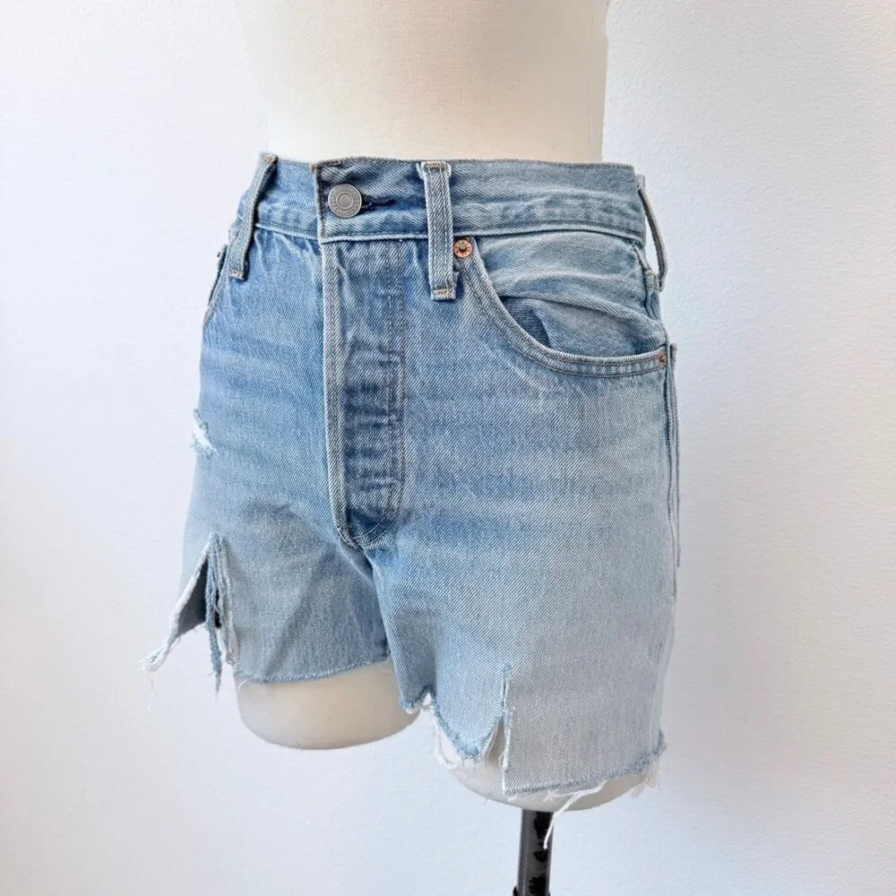 Levi’s 501 Shorts Denim Blue Retro Mid Rise 25” - Picture 2 of 8